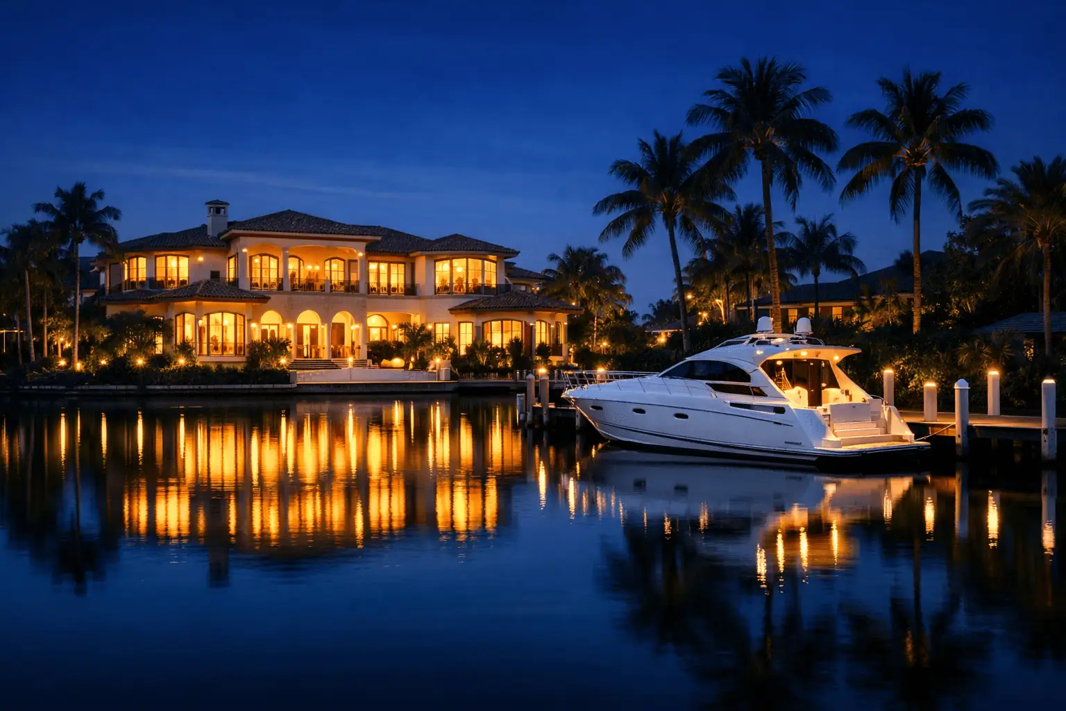 Luxury waterfront estate in South Florida at blue hour with private yacht docked on a canal — waterfront homes for sale Miami