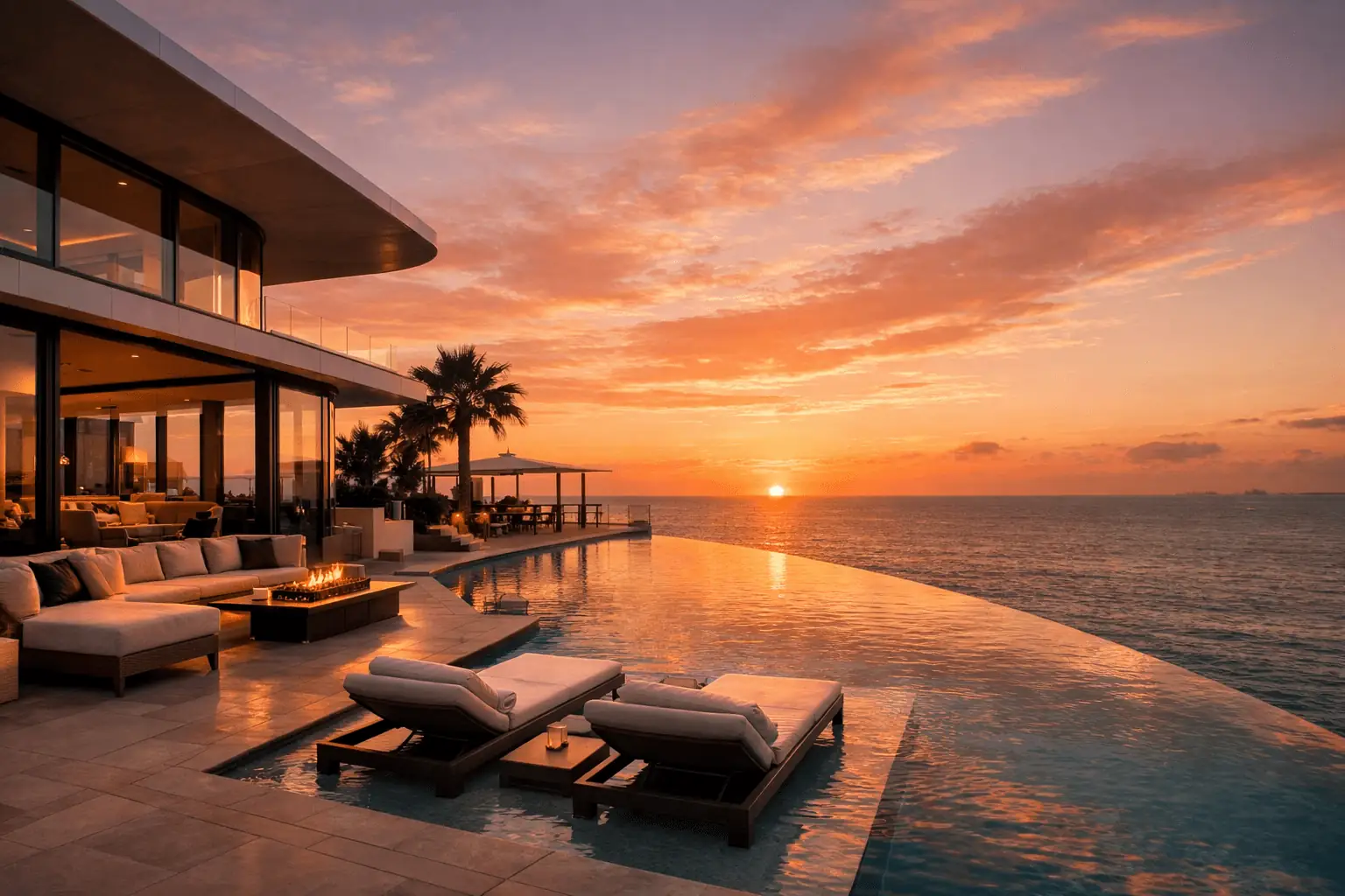 Oceanfront luxury villa in Miami with infinity pool merging into the Atlantic Ocean at golden sunset — beachfront real estate South Florida