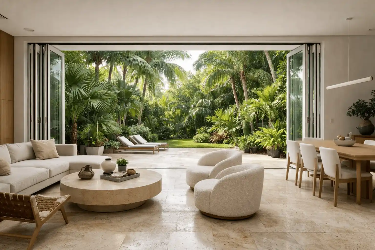Luxury South Florida villa interior with open glass walls and lush tropical garden — high-end homes for sale Miami
