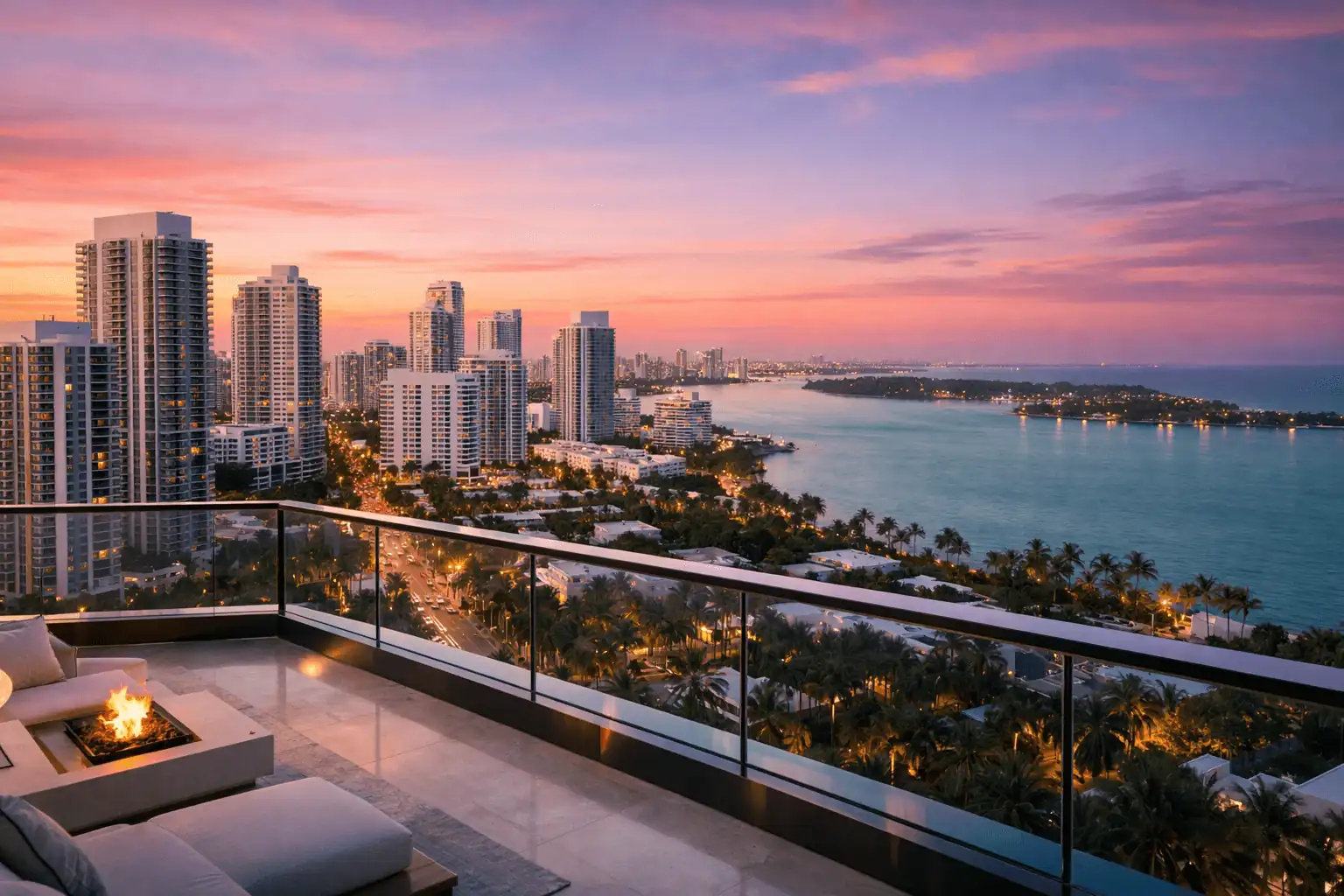 Luxury penthouse terrace with fire pit overlooking South Florida coastal city skyline at twilight — penthouse condos for sale Miami